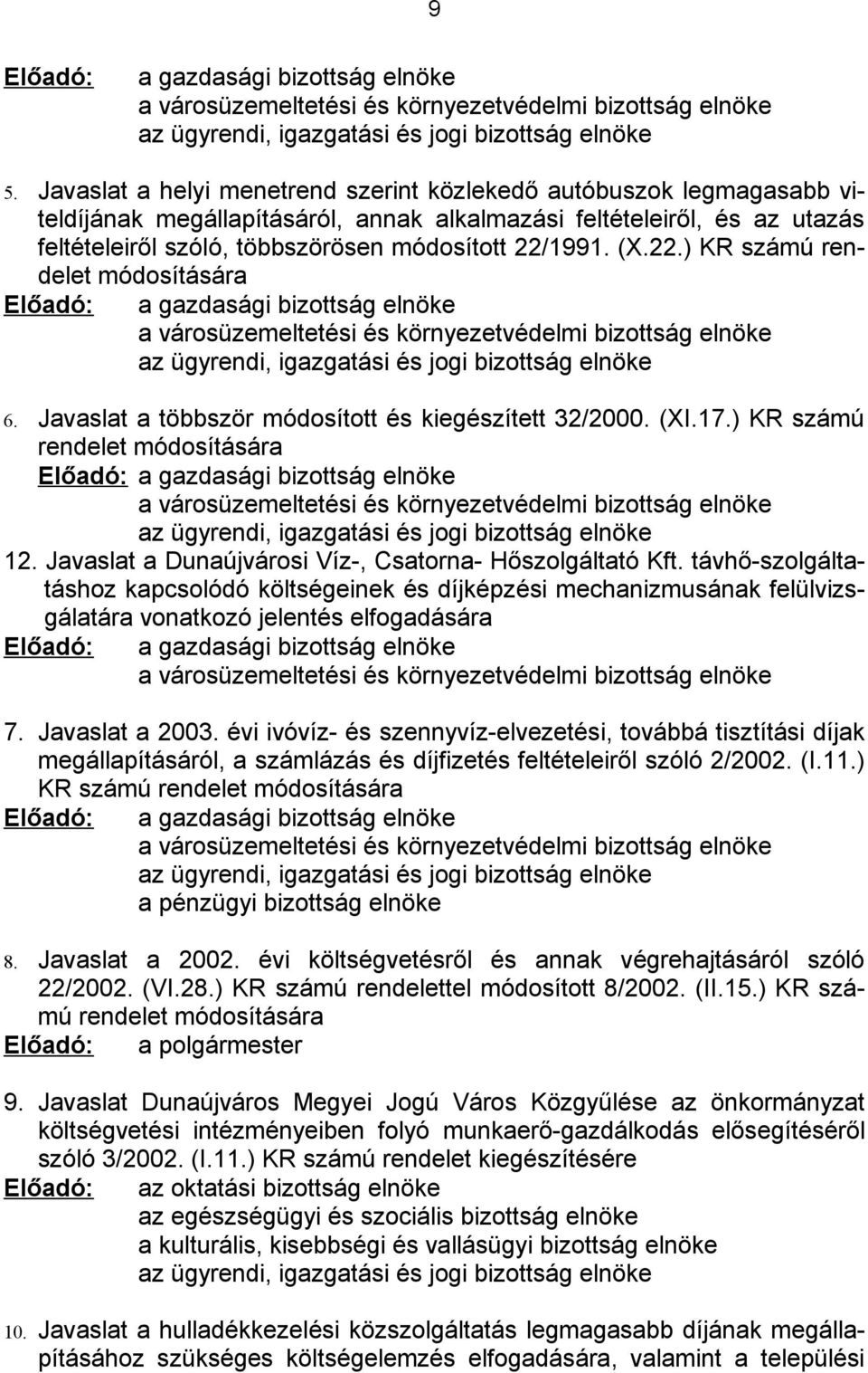 (X.22.) KR számú rendelet módosítására Előadó: a gazdasági bizottság elnöke a városüzemeltetési és környezetvédelmi bizottság elnöke az ügyrendi, igazgatási és jogi bizottság elnöke 6.