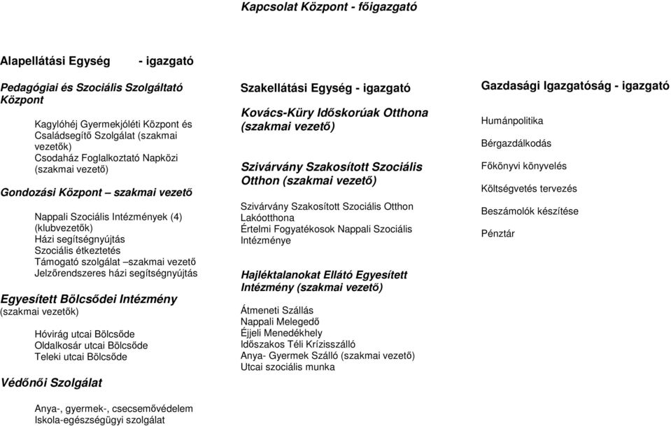 Jelzırendszeres házi segítségnyújtás Egyesített Bölcsıdei Intézmény (szakmai vezetık) Hóvirág utcai Bölcsıde Oldalkosár utcai Bölcsıde Teleki utcai Bölcsıde Védınıi Szolgálat Anya-, gyermek-,