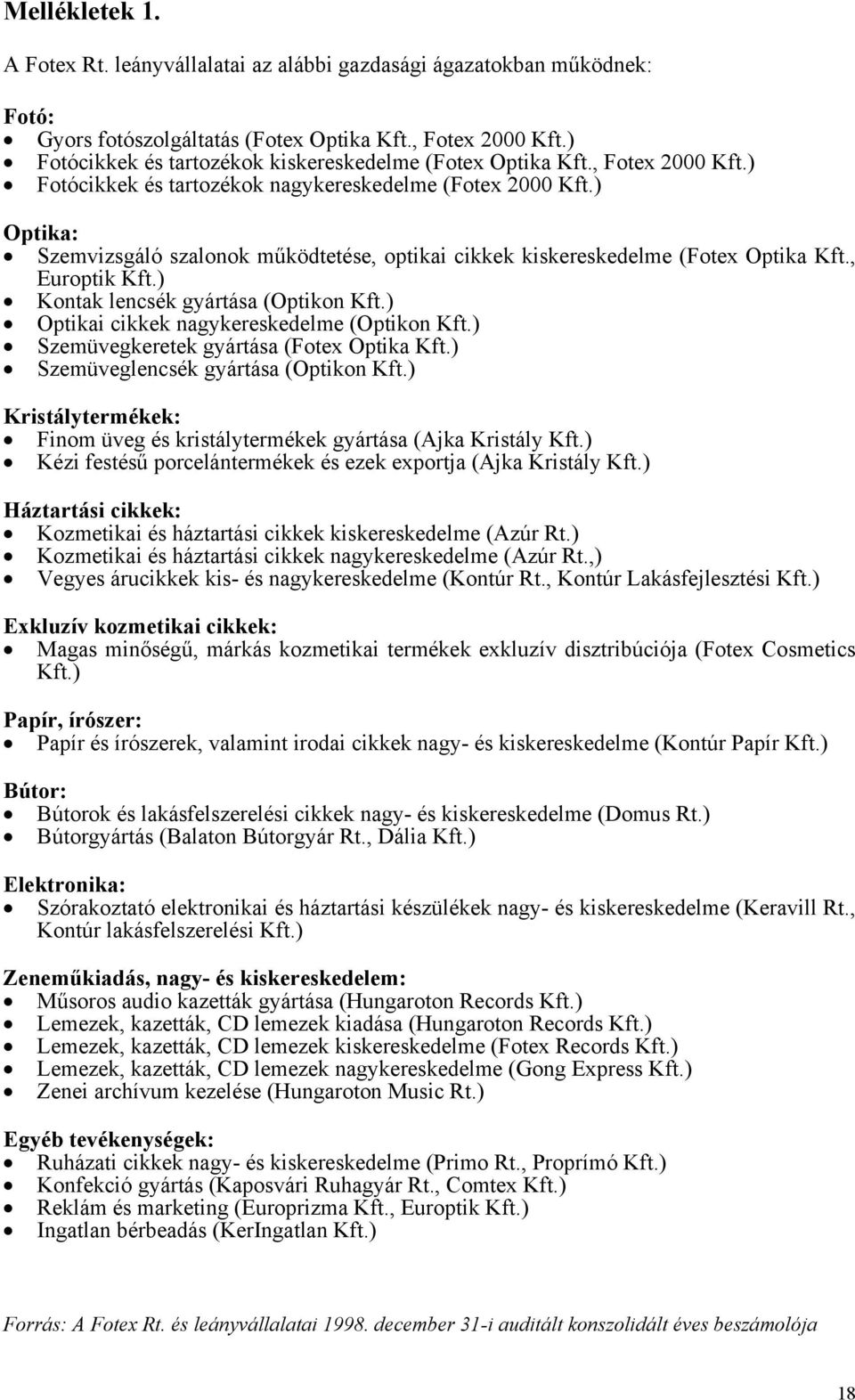 ) Optika: Szemvizsgáló szalonok működtetése, optikai cikkek kiskereskedelme (Fotex Optika Kft., Europtik Kft.) Kontak lencsék gyártása (Optikon Kft.) Optikai cikkek nagykereskedelme (Optikon Kft.