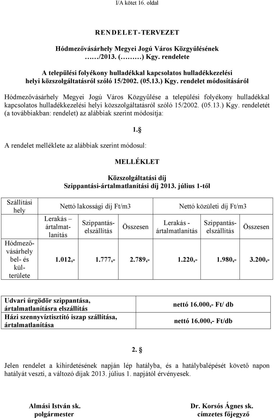 rendelet módosításáról Hódmezővásárhely Megyei Jogú Város Közgyűlése a települési folyékony hulladékkal kapcsolatos hulladékkezelési helyi közszolgáltatásról szóló 15/2002. (05.13.) Kgy.