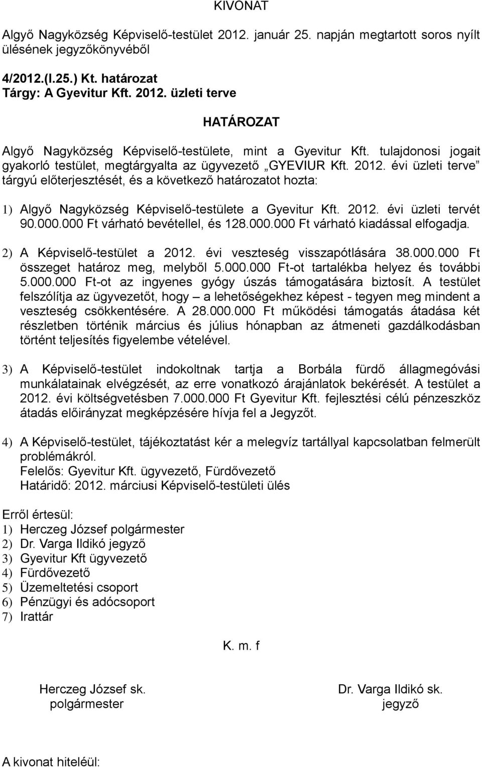 évi üzleti terve tárgyú előterjesztését, és a következő határozatot hozta: 1) Algyő Nagyközség Képviselő-testülete a Gyevitur Kft. 2012. évi üzleti tervét 90.000.000 Ft várható bevétellel, és 128.000.000 Ft várható kiadással elfogadja.