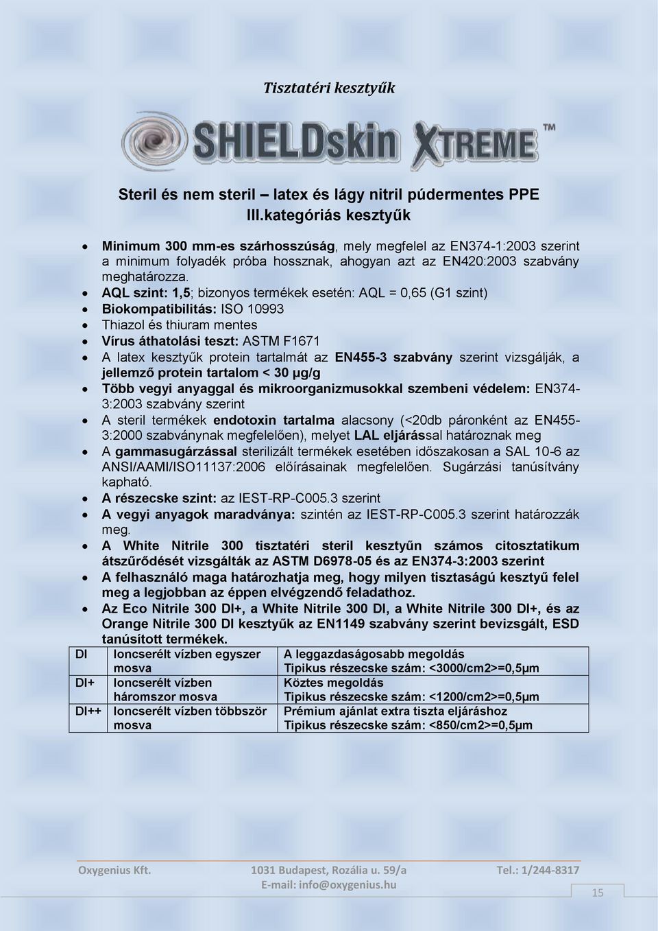 AQL szint: 1,5; bizonyos termékek esetén: AQL = 0,65 (G1 szint) Biokompatibilitás: ISO 10993 Thiazol és thiuram mentes Vírus áthatolási teszt: ASTM F1671 A latex kesztyűk protein tartalmát az EN455-3