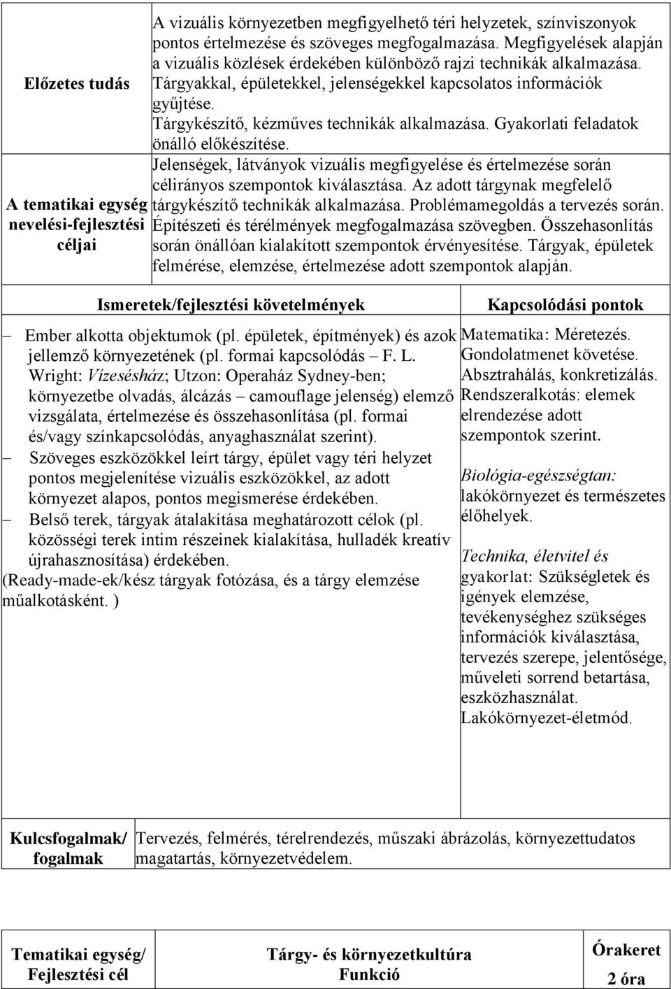 Tárgykészítő, kézműves technikák alkalmazása. Gyakorlati feladatok önálló előkészítése. Jelenségek, látványok vizuális megfigyelése és értelmezése során célirányos szempontok kiválasztása.