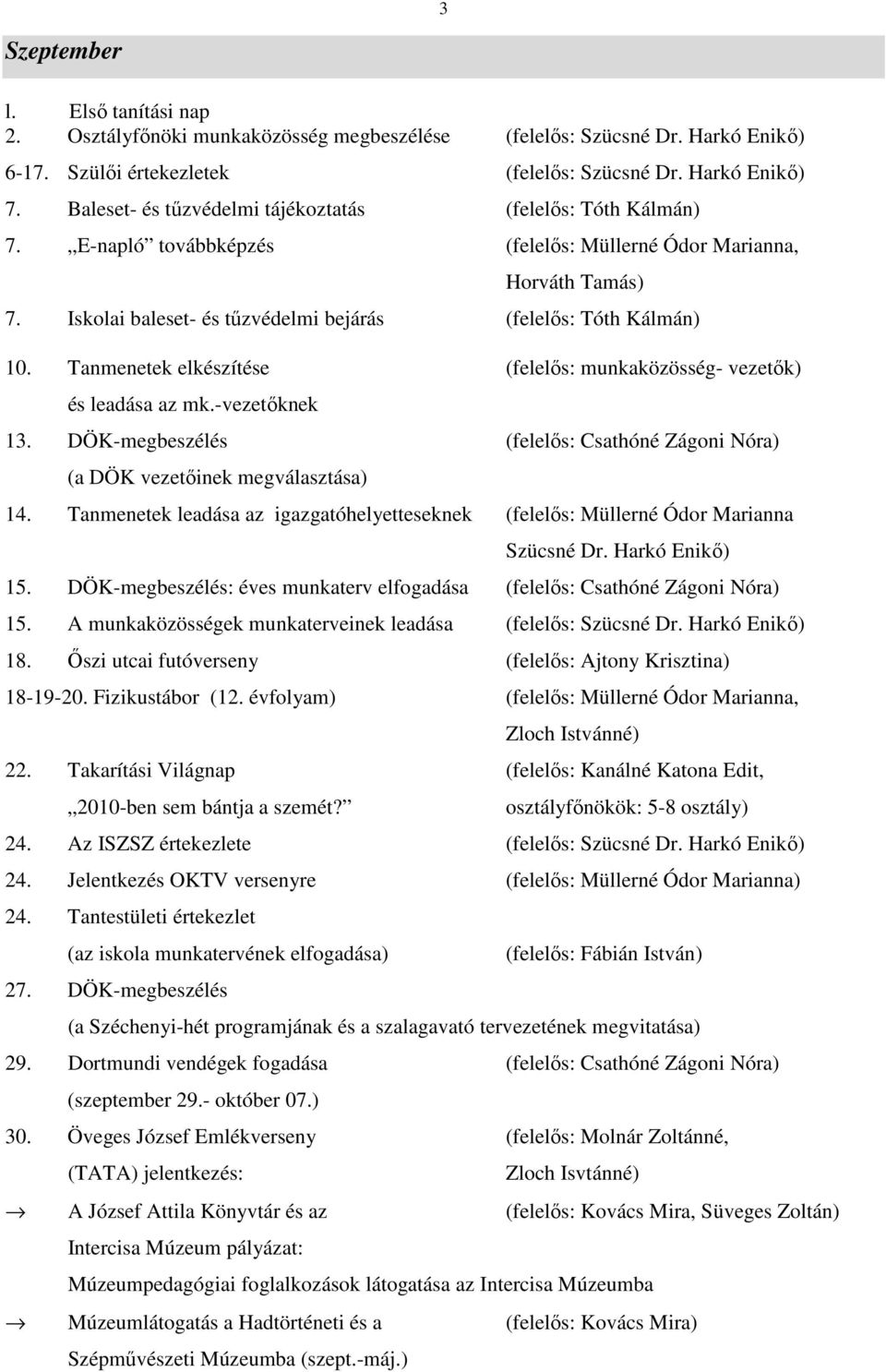 Tanmenetek elkészítése (felelős: munkaközösség- vezetők) és leadása az mk.-vezetőknek 13. DÖK-megbeszélés (felelős: Csathóné Zágoni Nóra) (a DÖK vezetőinek megválasztása) 14.