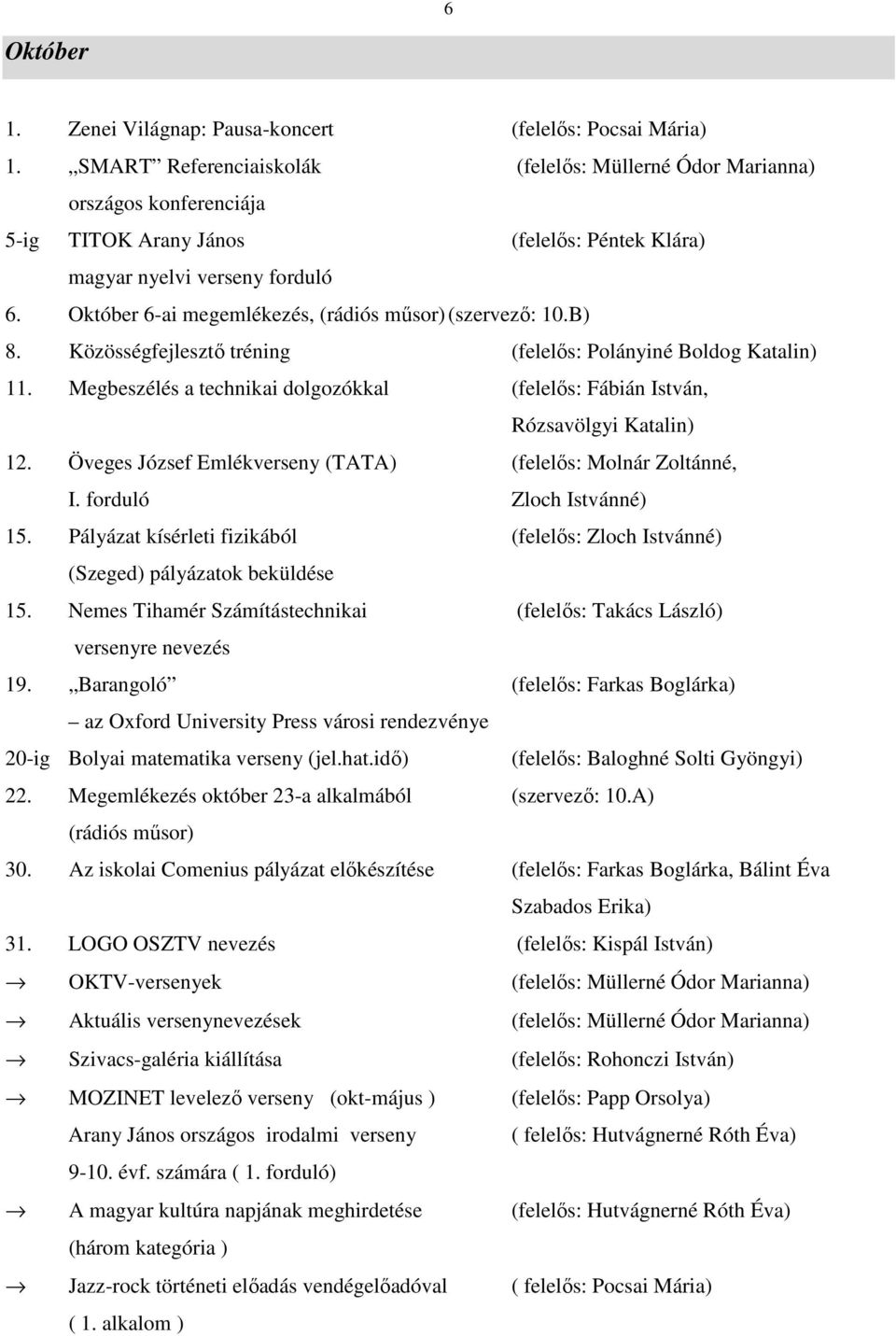 Október 6-ai megemlékezés, (rádiós műsor) (szervező: 10.B) 8. Közösségfejlesztő tréning (felelős: Polányiné Boldog Katalin) 11.