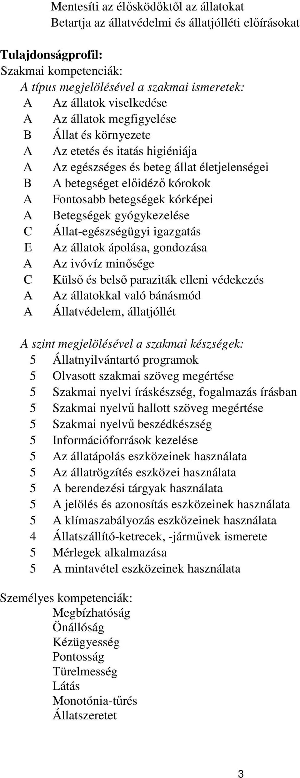 kórképei A Betegségek gyógykezelése C Állat-egészségügyi igazgatás E Az állatok ápolása, gondozása A Az ivóvíz minősége C Külső és belső paraziták elleni védekezés A Az állatokkal való bánásmód A