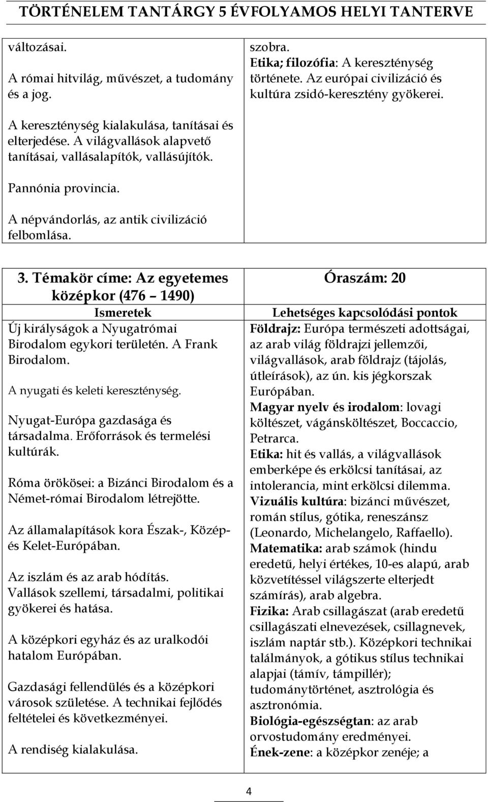 Témakör címe: Az egyetemes középkor (476 1490) Új királyságok a Nyugatrómai Birodalom egykori területén. A Frank Birodalom. A nyugati és keleti kereszténység. Nyugat-Európa gazdasága és társadalma.