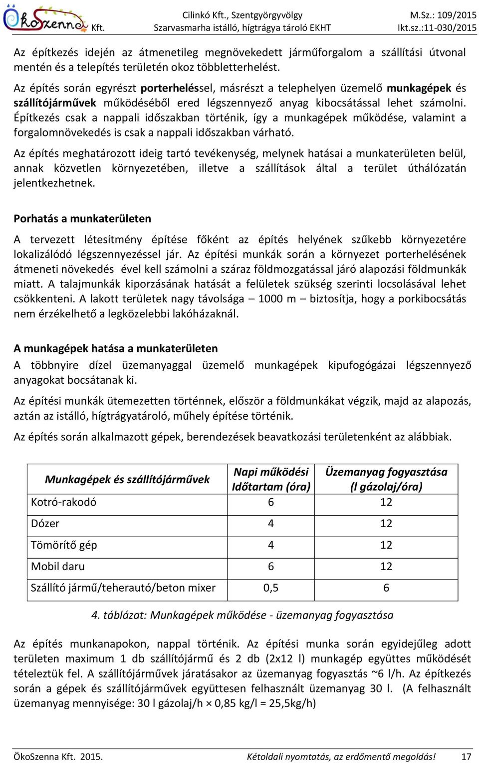 Építkezés csak a nappali időszakban történik, így a munkagépek működése, valamint a forgalomnövekedés is csak a nappali időszakban várható.