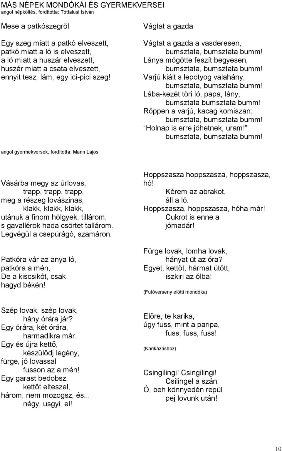 Varjú kiált s lepotyog valahány, bumsztata, bumsztata bumm! Lába-kezét töri ló, papa, lány, bumsztata bumsztata bumm! Röppen a varjú, kacag komiszan: bumsztata, bumsztata bumm!