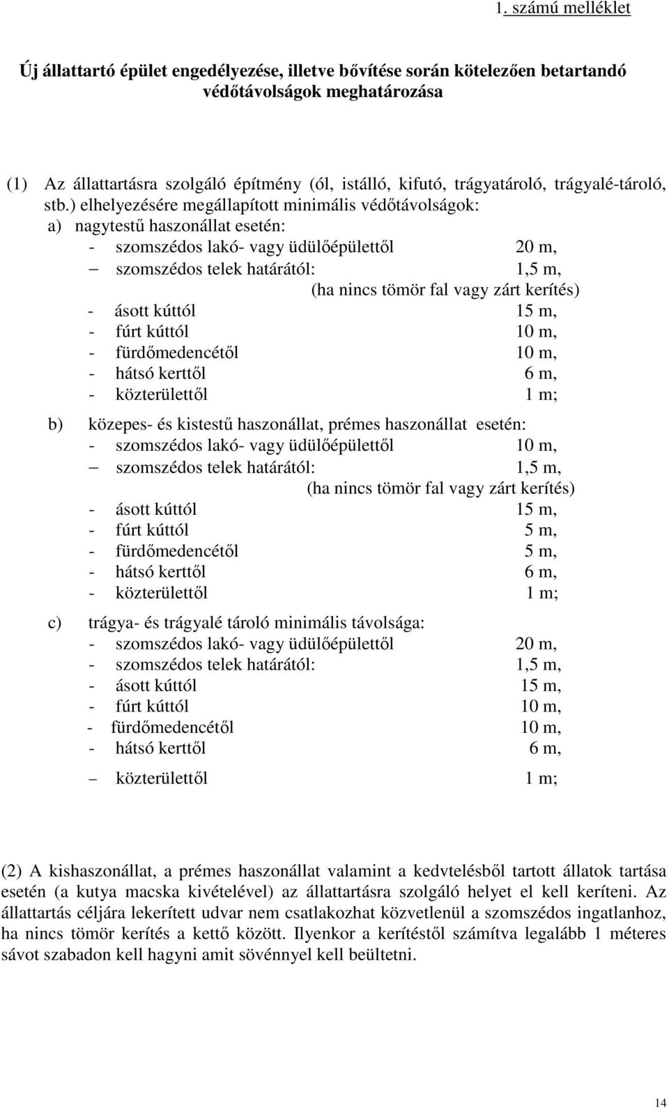 ) elhelyezésére megállapított minimális védıtávolságok: a) nagytestő haszonállat esetén: - szomszédos lakó- vagy üdülıépülettıl 20 m, szomszédos telek határától: 1,5 m, (ha nincs tömör fal vagy zárt