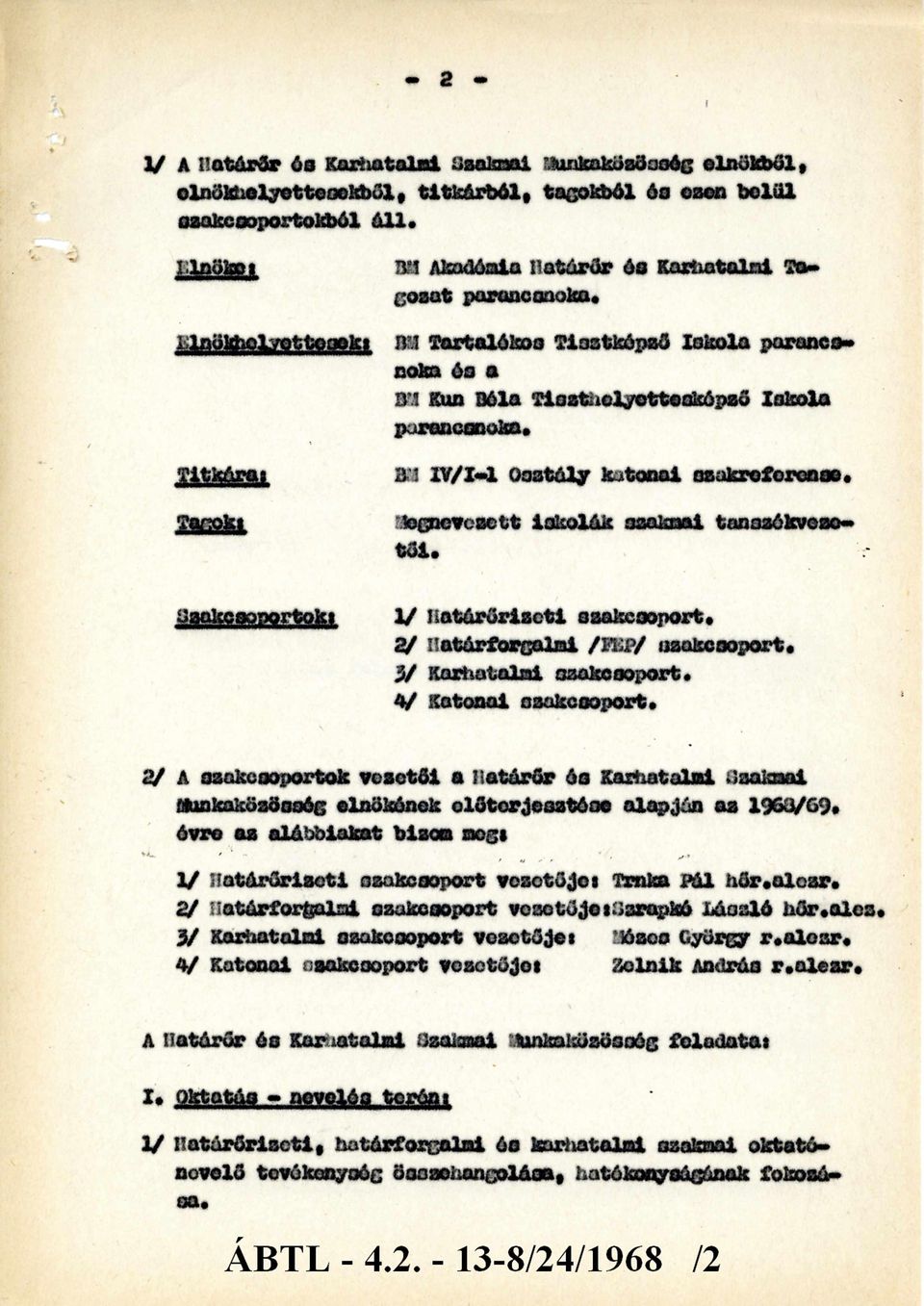 Elnökhelyettesek: Titkára: Tagok: Szakcsoportok: BM Tartalékos Tisztképző Iskola parancs noka és a BM Kun Béla Tiszthelyettesképző Iskola parancsnoka. BM IV/I-1 Osztály katonai szakreferense.