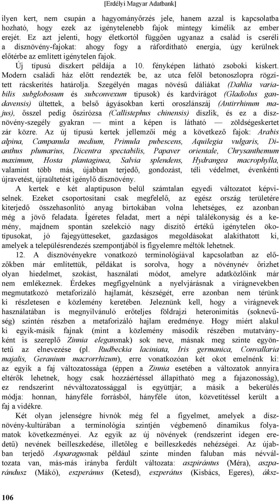 Új típusú díszkert példája a 10. fényképen látható zsoboki kiskert. Modern családi ház előtt rendezték be, az utca felől betonoszlopra rögzített rácskerítés határolja.