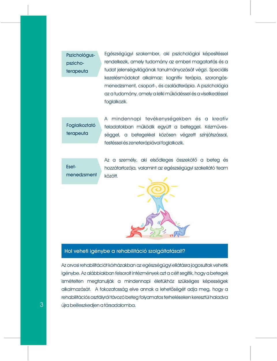 Foglalkoztató terapeuta A mindennapi tevékenységekben és a kreatív feladatokban mûködik együtt a beteggel.