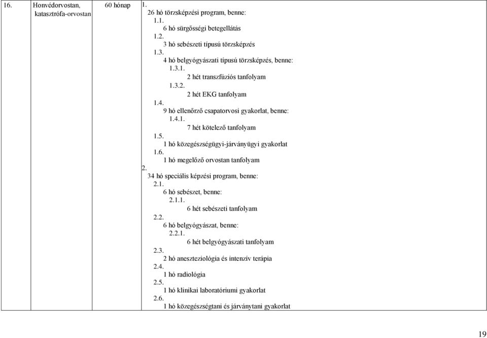 1 hó közegészségügyi-járványügyi gyakorlat 1.6. 1 hó megelőző orvostan tanfolyam 34 hó speciális képzési program, benne: 1.