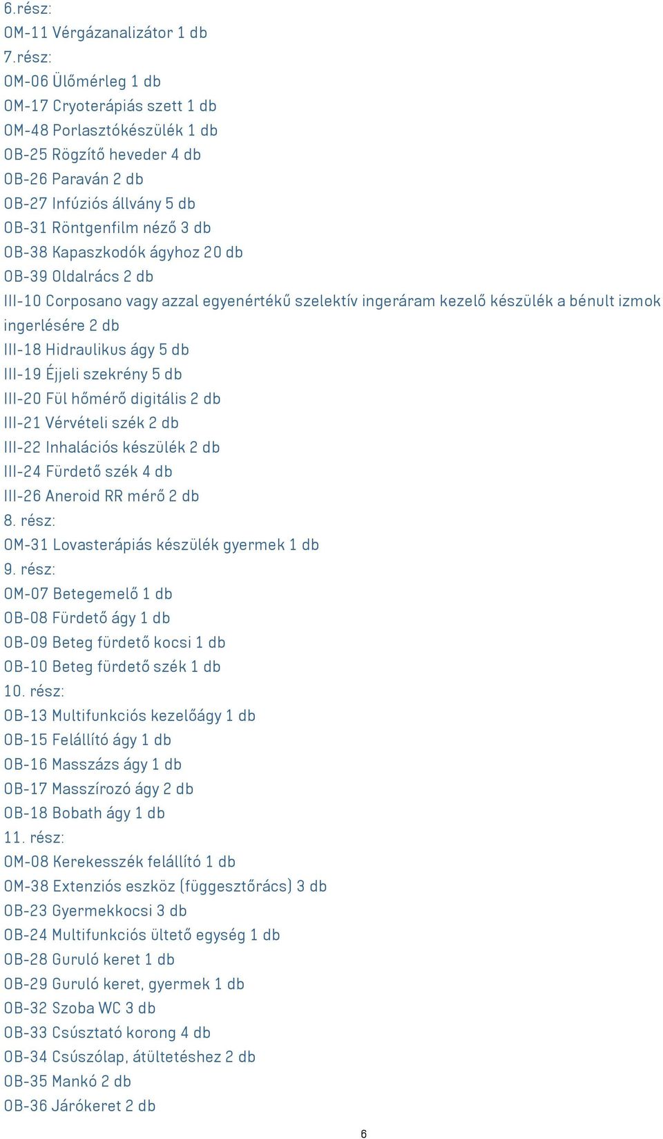 Kapaszkodók ágyhoz 20 db OB-39 Oldalrács 2 db III-10 Corposano azzal egyenértékű szelektív ingeráram kezelő készülék a bénult izmok ingerlésére 2 db III-18 Hidraulikus ágy 5 db III-19 Éjjeli szekrény