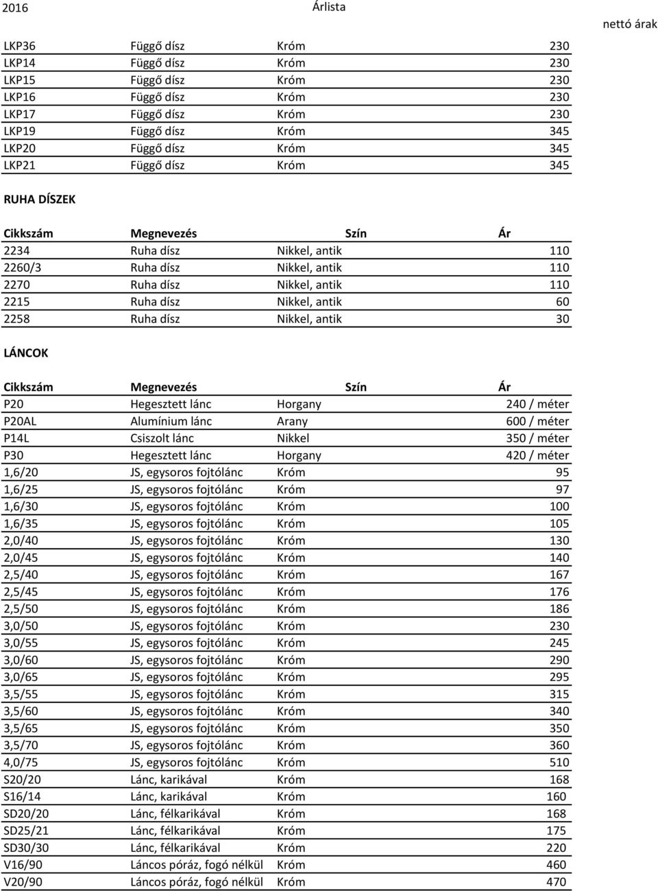 Hegesztett lánc Horgany 240 / méter P20AL Alumínium lánc Arany 600 / méter P14L Csiszolt lánc Nikkel 350 / méter P30 Hegesztett lánc Horgany 420 / méter 1,6/20 JS, egysoros fojtólánc Króm 95 1,6/25