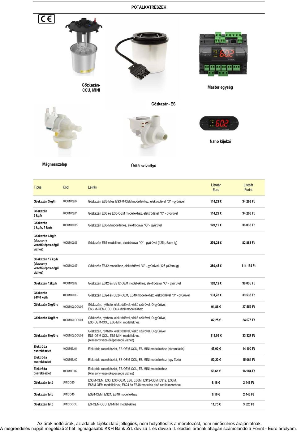 120,12 36 035 Ft 400UMCL06 ES6 modellhez, elektródával "O" - gyűrűvel (125 µs/cm-ig) 276,28 82 883 Ft 12 kg/h (alacsony vezetőképes-ségű vízhez) 400UMCL07 ES12 modellhez, elektródával "O" - gyűrűvel