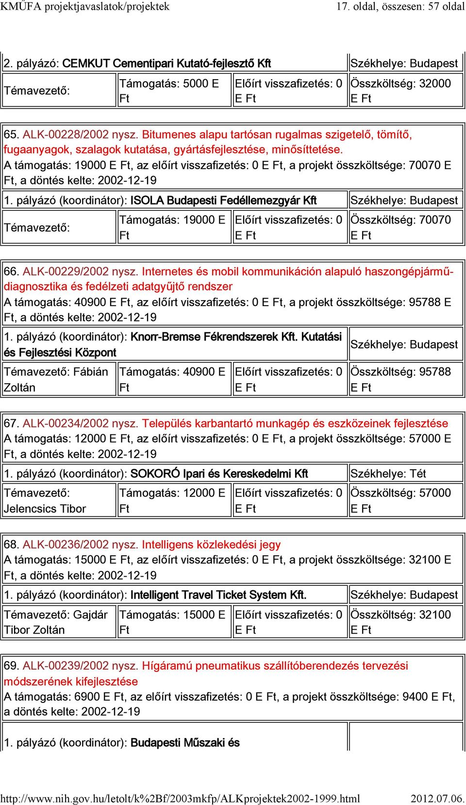 A támogatás: 19000, az előírt visszafizetés: 0, a projekt összköltsége: 70070 E, a döntés kelte: 2002-12-19 1.