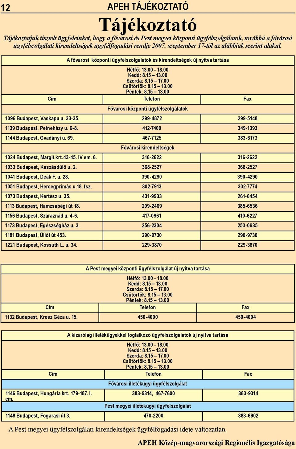 00 Csütörtök: 8.15 13.00 Péntek: 8.15 13.00 Cím Telefon Fax Fővárosi központi ügyfélszolgálatok 1096 Budapest, Vaskapu u. 33-35. 299-4872 299-5148 1139 Budapest, Petneházy u. 6-8.