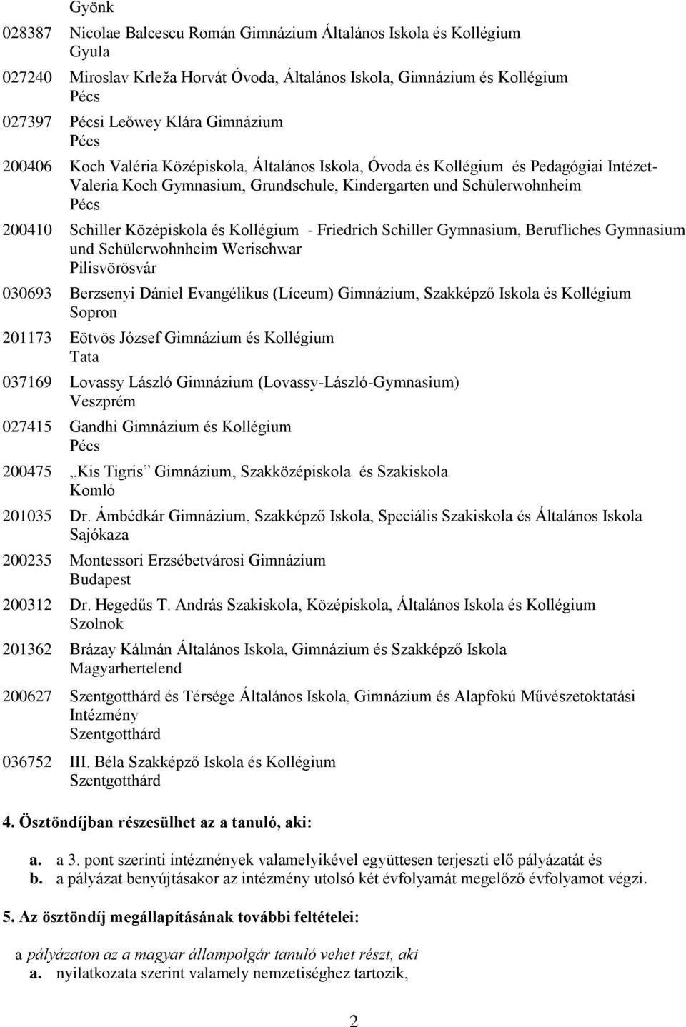 Friedrich Schiller Gymnasium, Berufliches Gymnasium und Schülerwohnheim Werischwar Pilisvörösvár 030693 Berzsenyi Dániel Evangélikus (Líceum) Gimnázium, Szakképző Iskola és Kollégium Sopron 201173