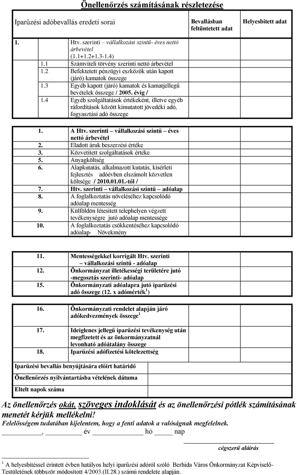 4 Egyéb szolgáltatások értékeként, illetve egyéb ráfordítások között kimutatott jövedéki adó, fogyasztási adó összege Bevallásban feltüntetett adat Helyesbített adat 1. A Htv.