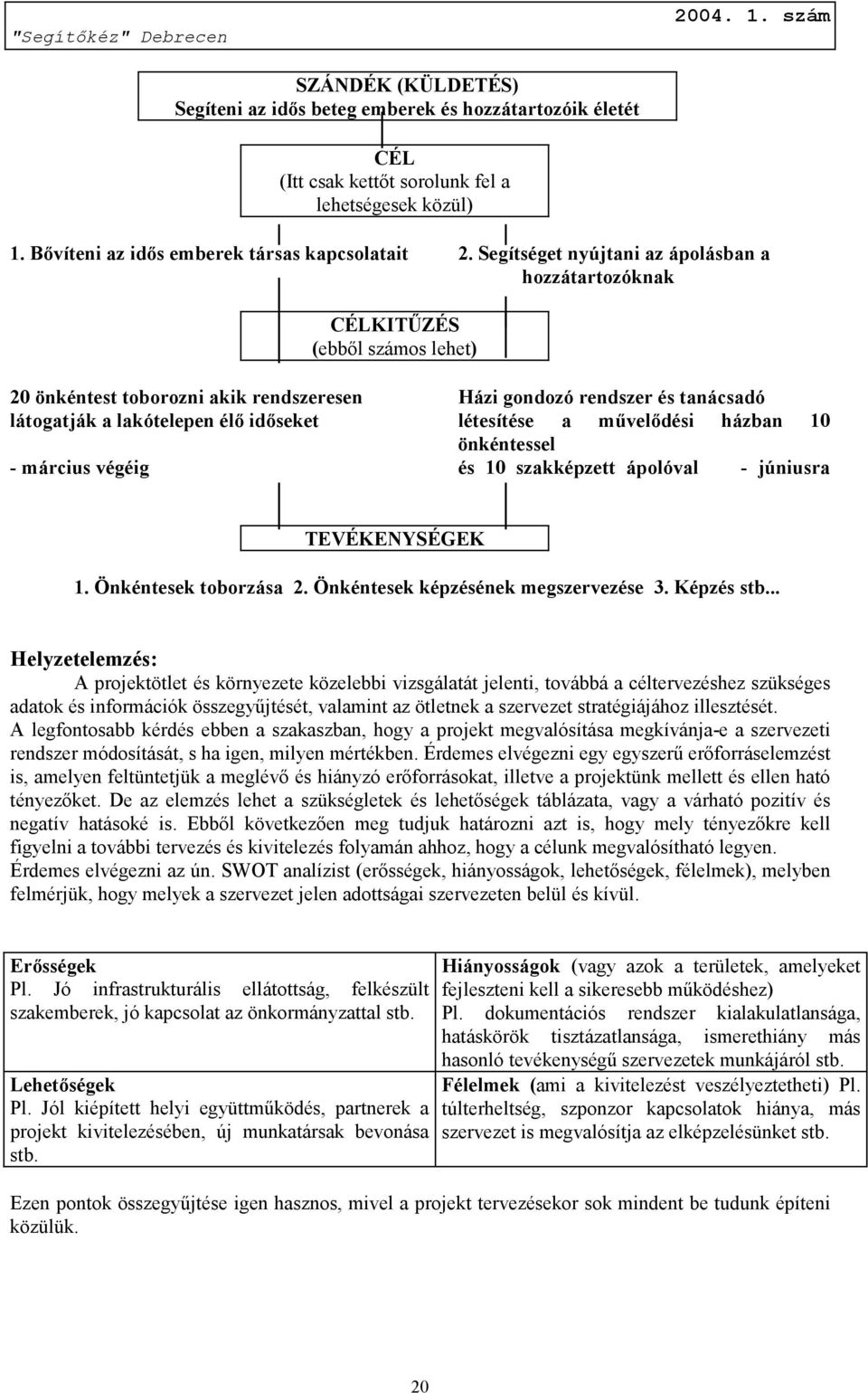 létesítése a művelődési házban 10 önkéntessel - március végéig és 10 szakképzett ápolóval - júniusra TEVÉKENYSÉGEK 1. Önkéntesek toborzása 2. Önkéntesek képzésének megszervezése 3. Képzés stb.