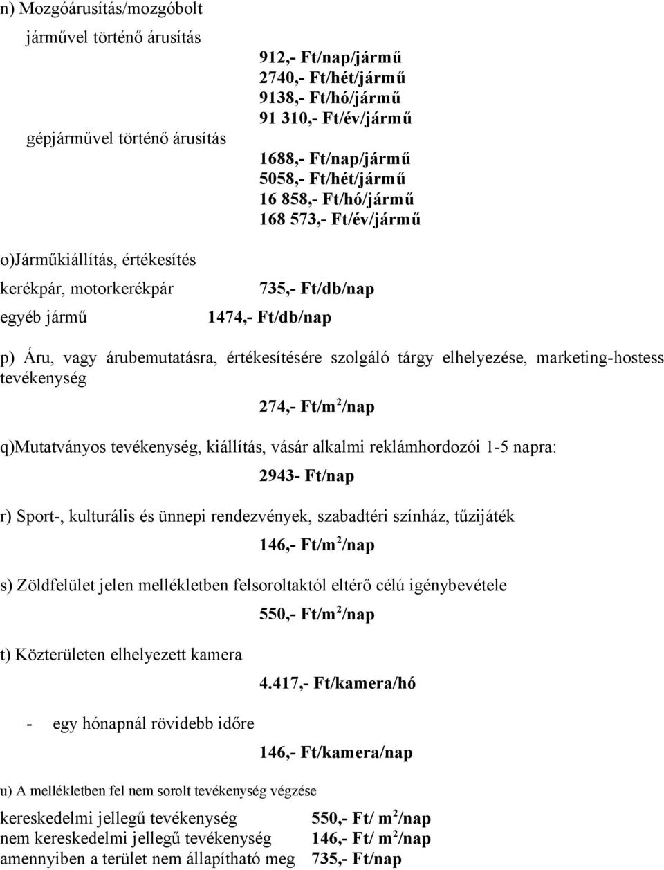 szolgáló tárgy elhelyezése, marketing-hostess tevékenység 274,- Ft/m 2 /nap q)mutatványos tevékenység, kiállítás, vásár alkalmi reklámhordozói 1-5 napra: 2943- Ft/nap r) Sport-, kulturális és ünnepi