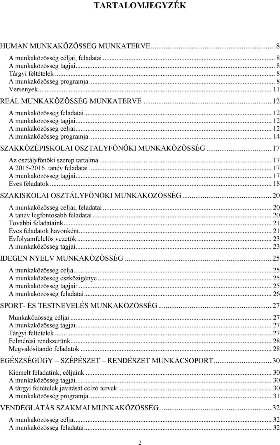 .. 14 SZAKKÖZÉPISKOLAI OSZTÁLYFŐNÖKI MUNKAKÖZÖSSÉG... 17 Az osztályfőnöki szerep tartalma... 17 A 2015-2016. tanév feladatai... 17 A munkaközösség tagjai... 17 Éves feladatok.