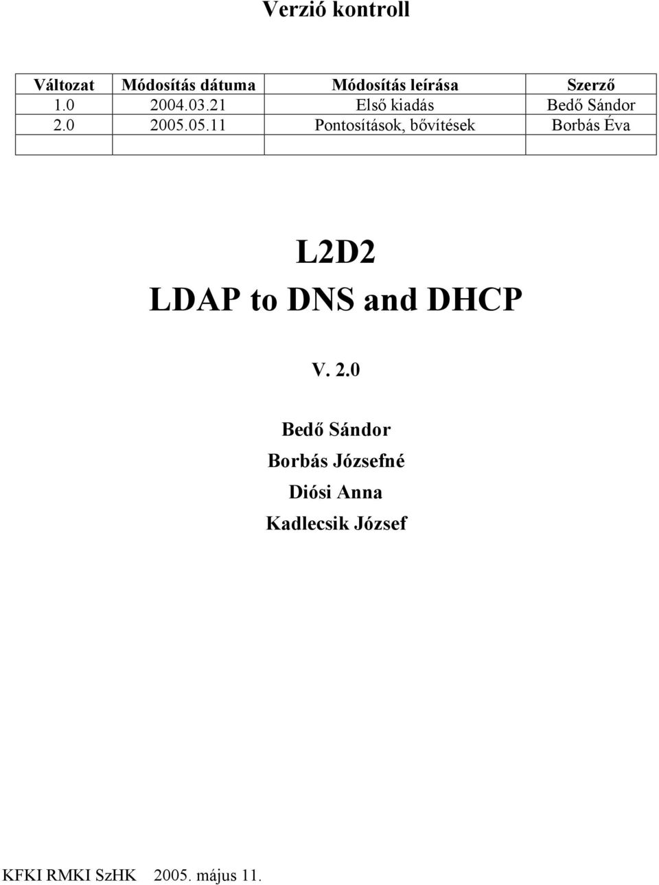 05.11 Pontosítások, bővítések Borbás Éva L2D2 LDAP to DNS and DHCP V.