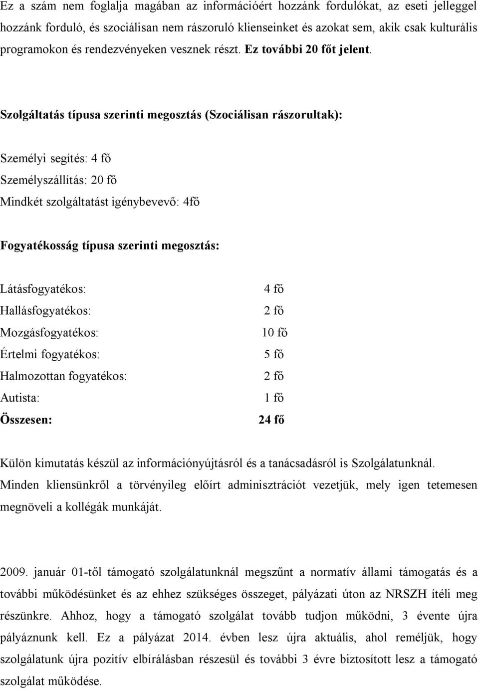 Szolgáltatás típusa szerinti megosztás (Szociálisan rászorultak): Személyi segítés: 4 fő Személyszállítás: 20 fő Mindkét szolgáltatást igénybevevő: 4fő Fogyatékosság típusa szerinti megosztás: