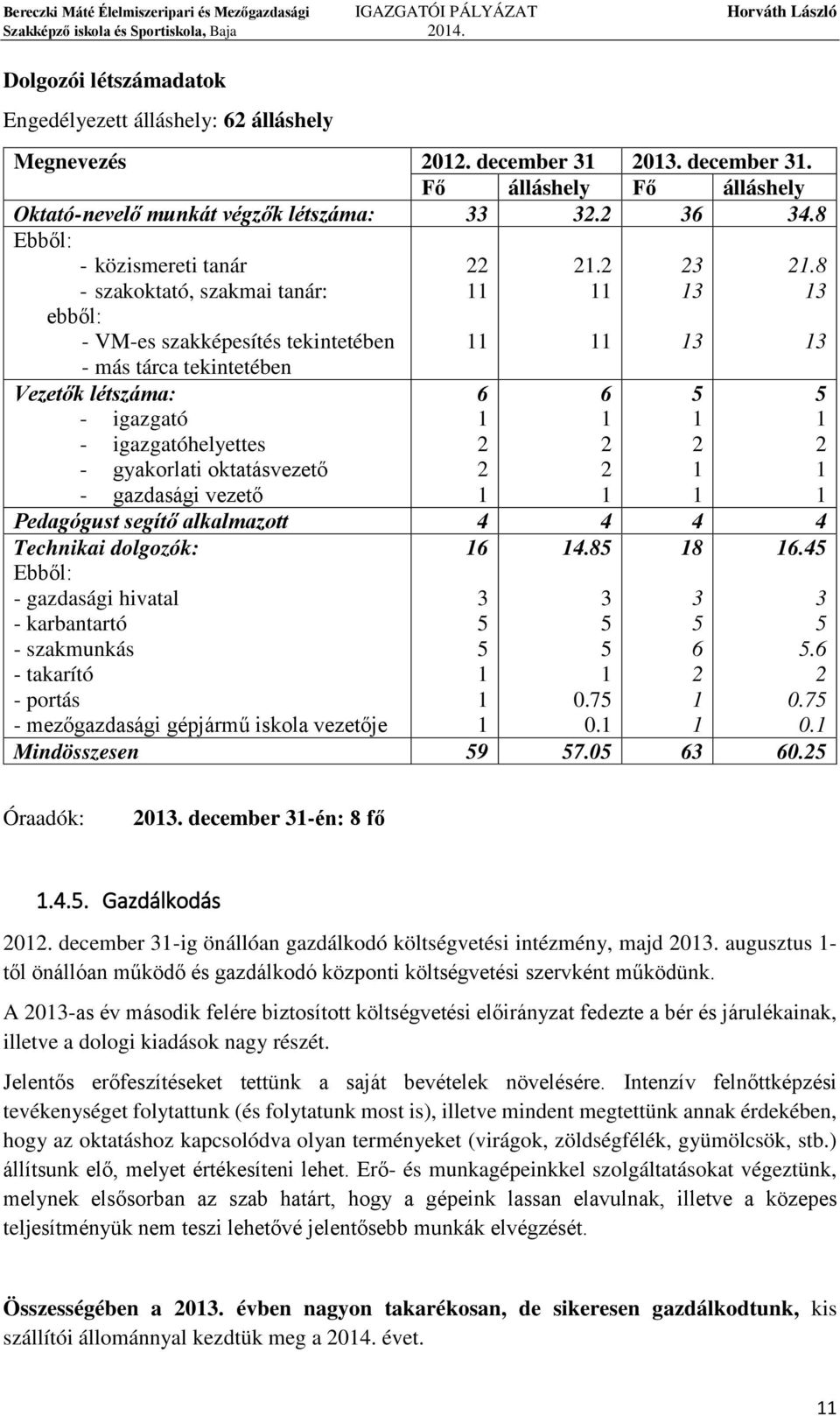 8 13 Vezetők létszáma: 6 6 5 5 - igazgató 1 1 1 1 - igazgatóhelyettes 2 2 2 2 - gyakorlati oktatásvezető 2 2 1 1 - gazdasági vezető 1 1 1 1 Pedagógust segítő alkalmazott 4 4 4 4 Technikai dolgozók: