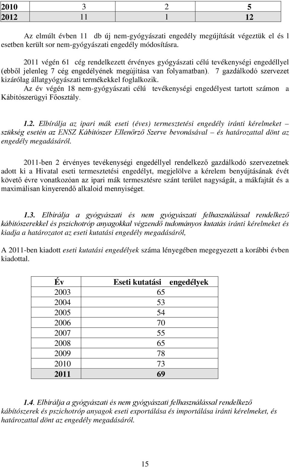 7 gazdálkodó szervezet kizárólag állatgyógyászati termékekkel foglalkozik. Az év végén 18 nem-gyógyászati célú tevékenységi engedélyest tartott számon a Kábítószerügyi Főosztály. 1.2.