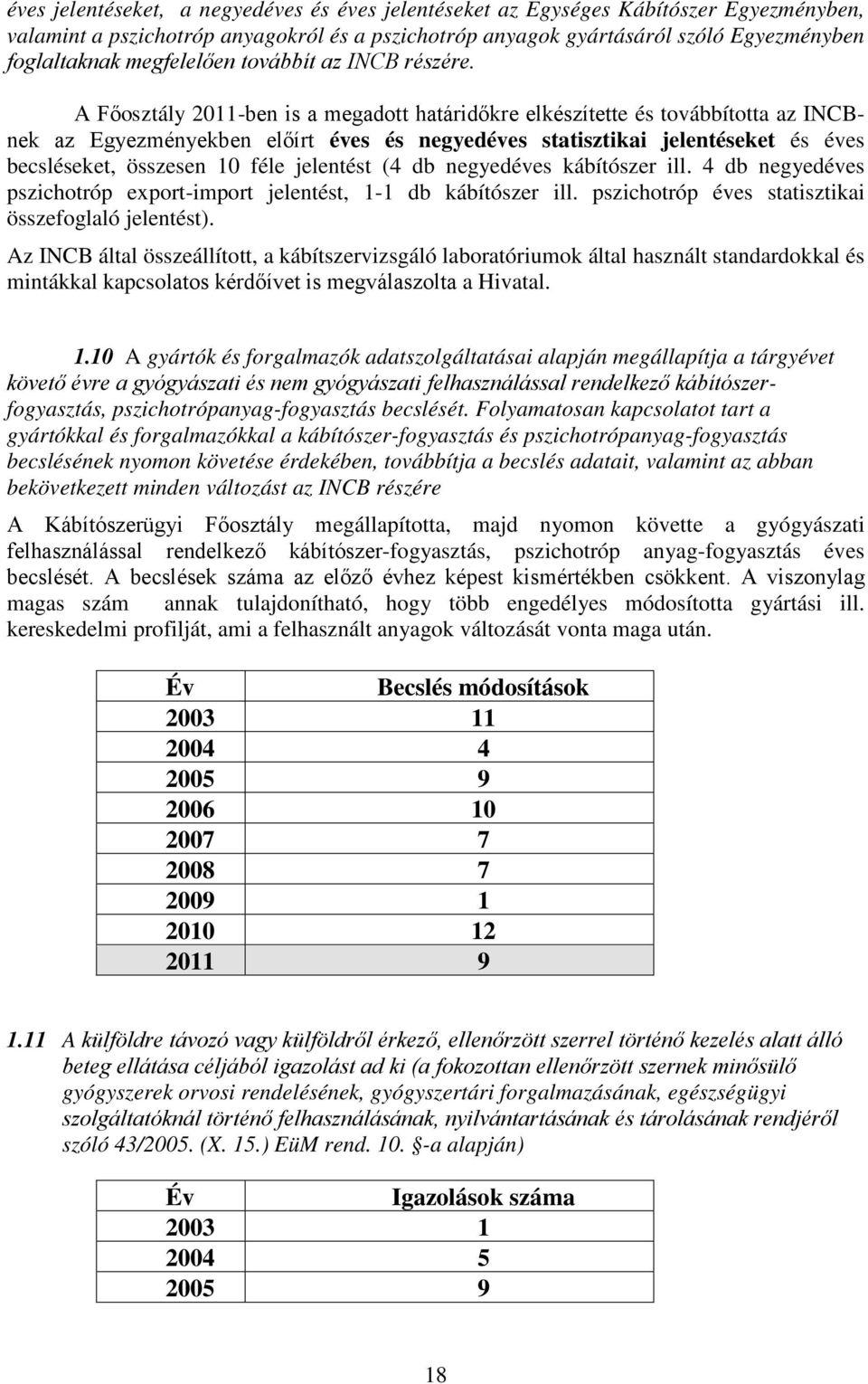 A Főosztály 2011-ben is a megadott határidőkre elkészítette és továbbította az INCBnek az Egyezményekben előírt éves és negyedéves statisztikai jelentéseket és éves becsléseket, összesen 10 féle