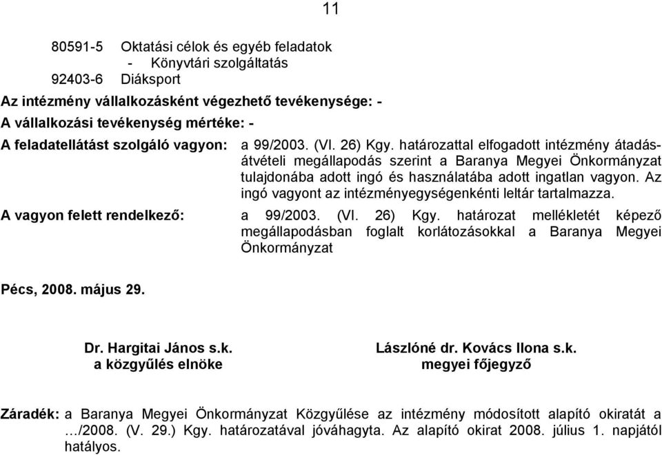 határozattal elfogadott intézmény átadásátvételi megállapodás szerint a Baranya Megyei Önkormányzat tulajdonába adott ingó és használatába adott ingatlan vagyon.