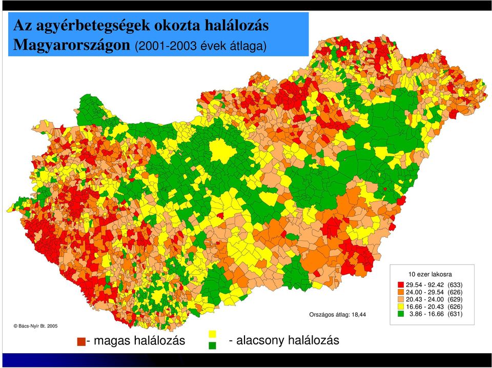 becsült értékek) Országos átlag: 18,44 10 ezer lakosra 29.54-92.42 (633) 24.00-29.54 (626) 20.