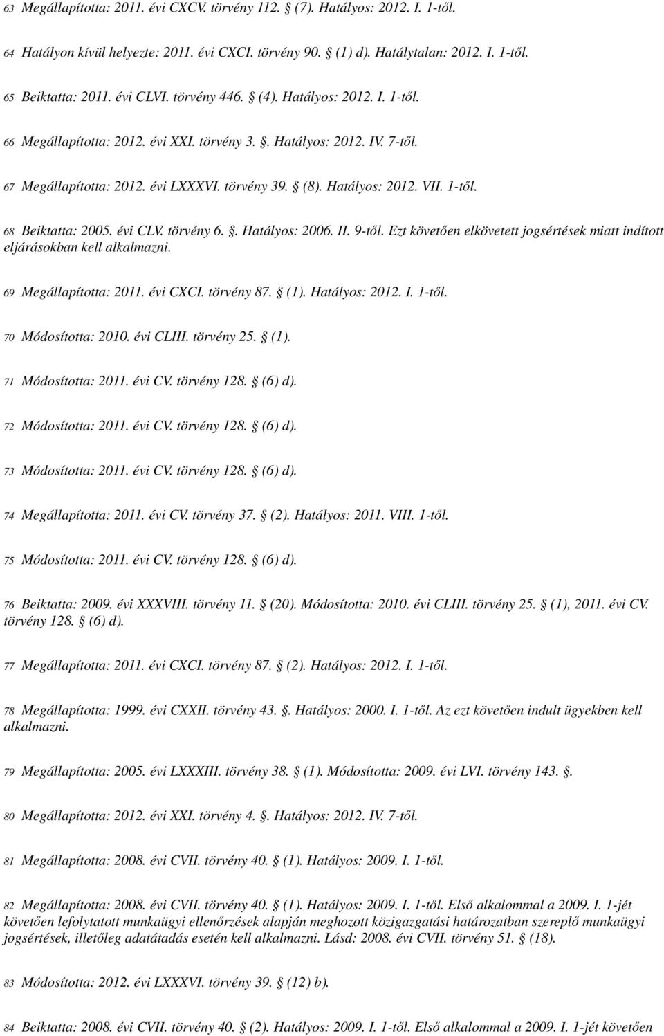 1-től. 68 Beiktatta: 2005. évi CLV. törvény 6.. Hatályos: 2006. II. 9-től. Ezt követően elkövetett jogsértések miatt indított eljárásokban kell alkalmazni. 69 Megállapította: 2011. évi CXCI.