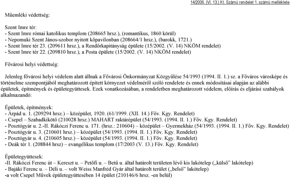 14) NKÖM rendelet) Szent Imre tér 22. (209810 hrsz.), a Posta épülete (15/2002. (V.