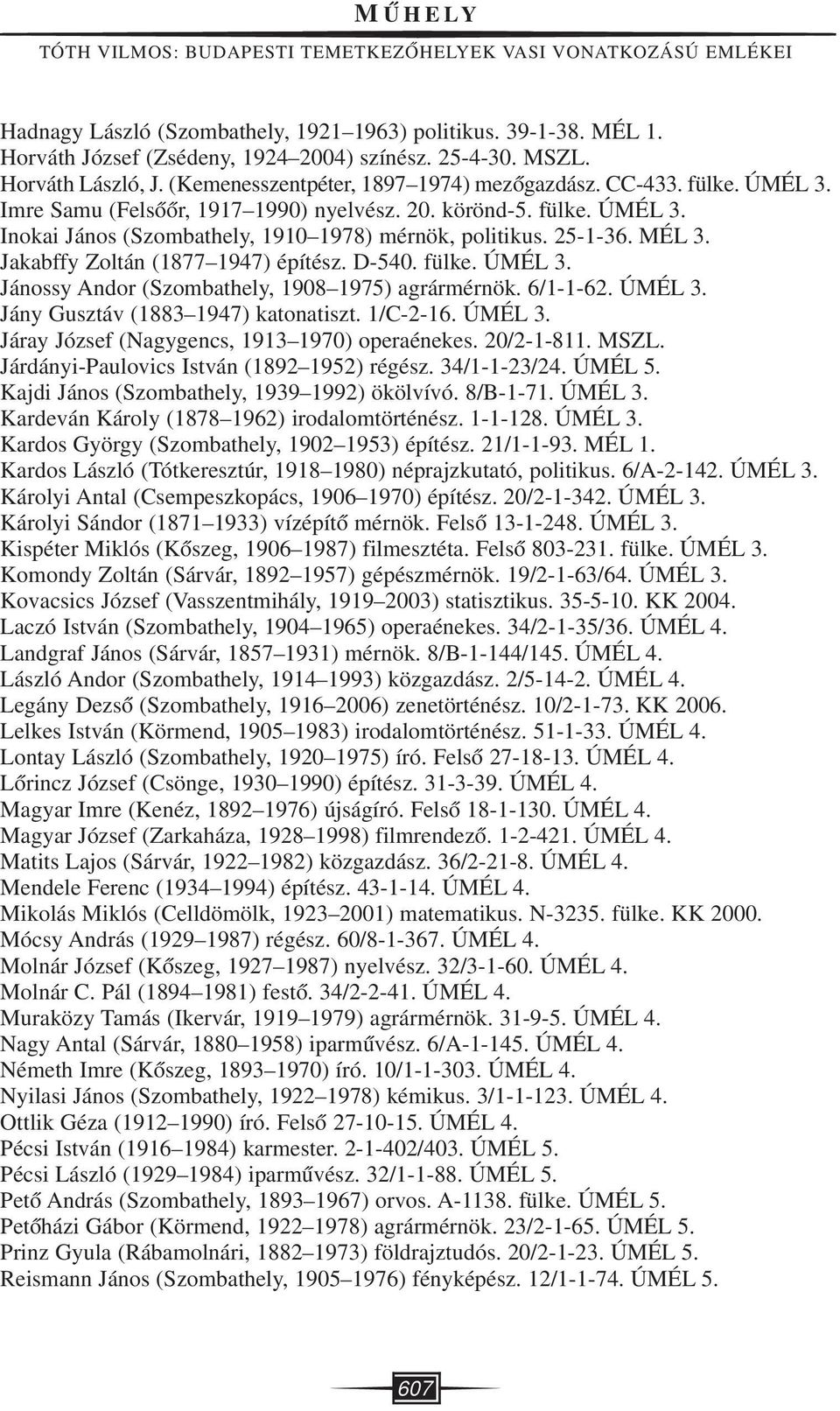 25-1-36. MÉL 3. Jakabffy Zoltán (1877 1947) építész. D-540. fülke. ÚMÉL 3. Jánossy Andor (Szombathely, 1908 1975) agrármérnök. 6/1-1-62. ÚMÉL 3. Jány Gusztáv (1883 1947) katonatiszt. 1/C-2-16. ÚMÉL 3. Járay József (Nagygencs, 1913 1970) operaénekes.