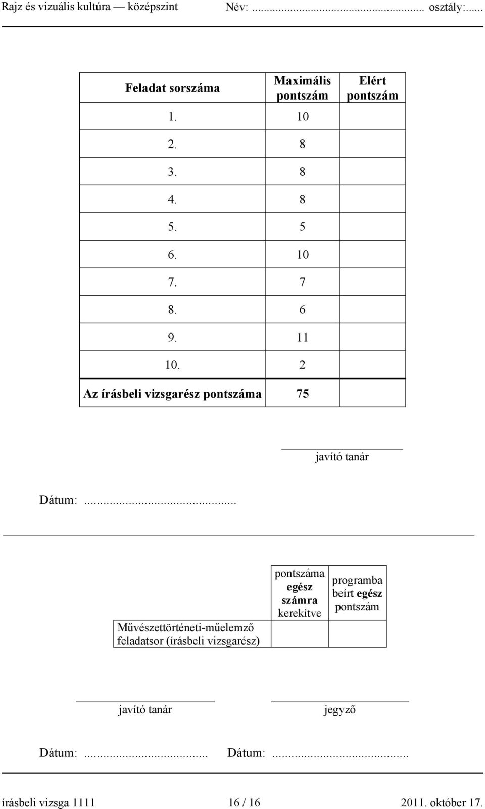 .. Művészettörténeti-műelemző feladatsor (írásbeli vizsgarész) pontszáma egész számra