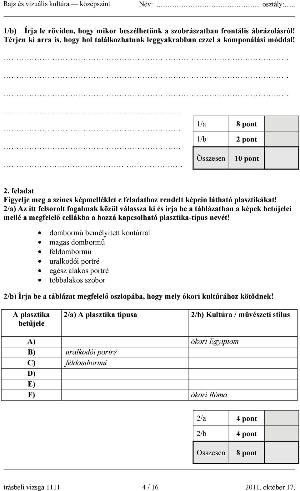 2/a) Az itt felsorolt fogalmak közül válassza ki és írja be a táblázatban a képek betűjelei mellé a megfelelő cellákba a hozzá kapcsolható plasztika-típus nevét!