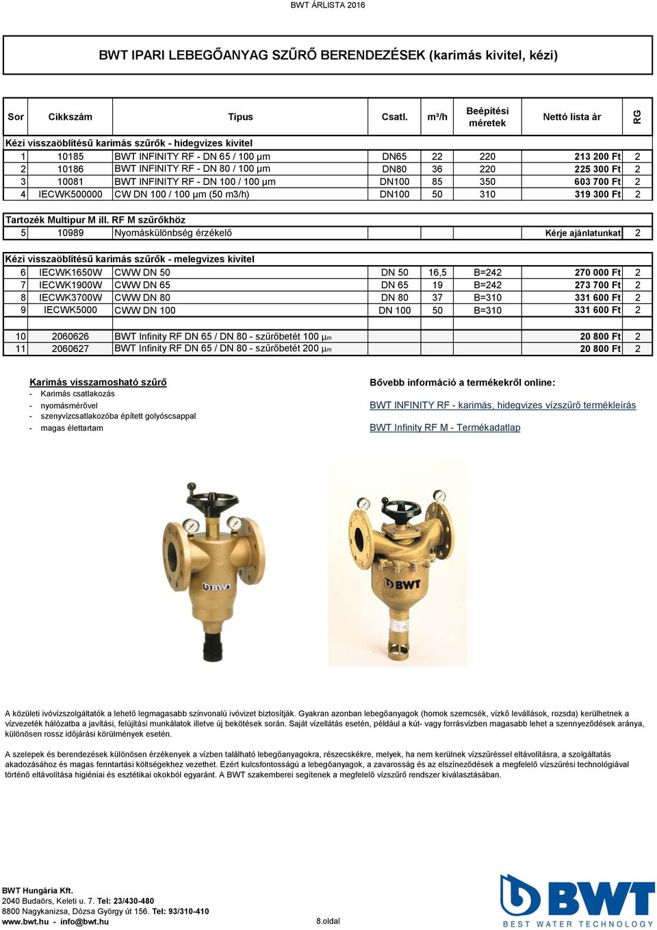 225 300 Ft 2 3 10081 BWT INFINITY RF - DN 100 / 100 μm DN100 85 350 603 700 Ft 2 4 IECWK500000 CW DN 100 / 100 μm (50 m3/h) DN100 50 310 319 300 Ft 2 Tartozék Multipur M ill.