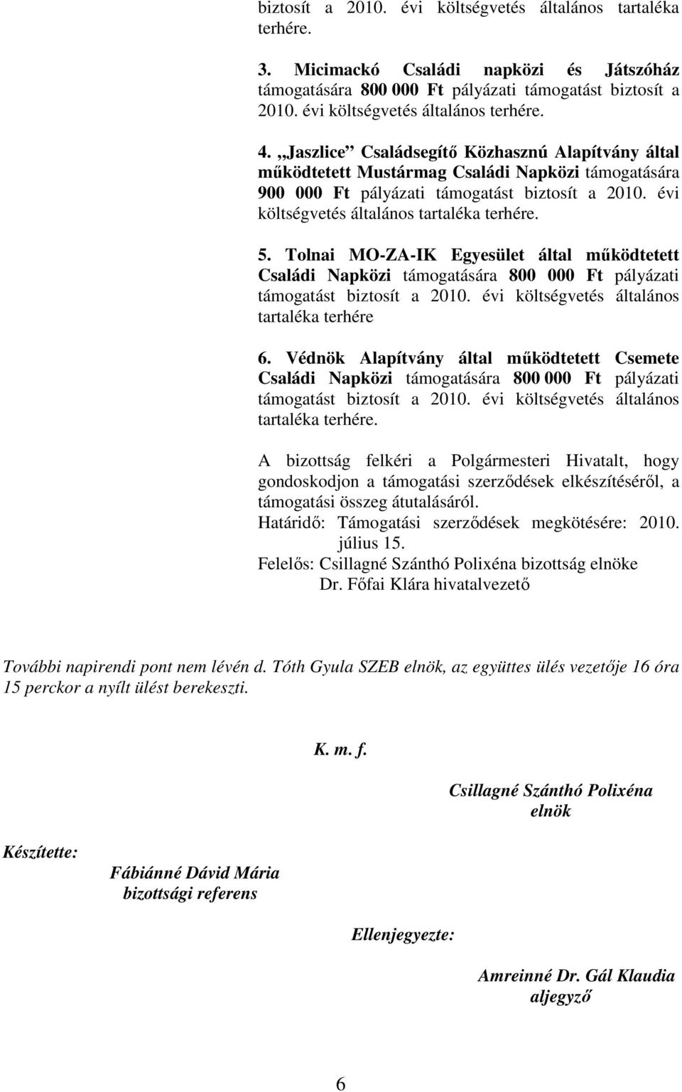 évi költségvetés általános tartaléka terhére. 5. Tolnai MO-ZA-IK Egyesület által mőködtetett tartaléka terhére 6. Védnök Alapítvány által mőködtetett Csemete tartaléka terhére.