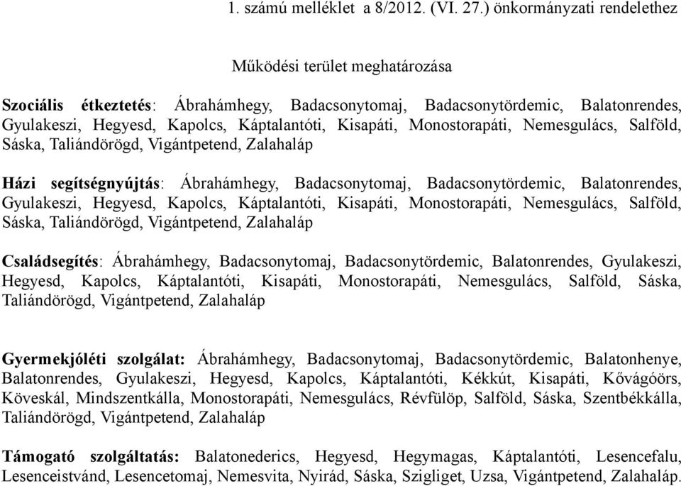 Monostorapáti, Nemesgulács, Salföld, Sáska, Taliándörögd, Vigántpetend, Zalahaláp Házi segítségnyújtás: Ábrahámhegy, Badacsonytomaj, Badacsonytördemic, Balatonrendes, Gyulakeszi, Hegyesd, Kapolcs,