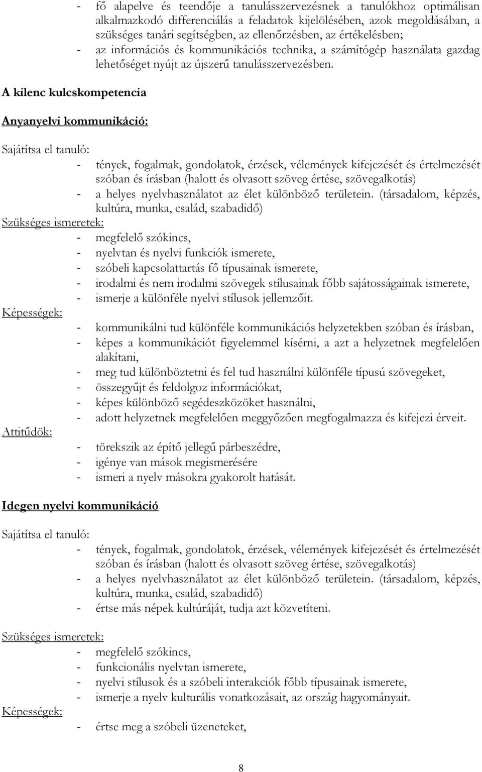 Anyanyelvi kommunikáció: Sajátítsa el tanuló: - tények, fogalmak, gondolatok, érzések, vélemények kifejezését és értelmezését szóban és írásban (halott és olvasott szöveg értése, szövegalkotás) - a