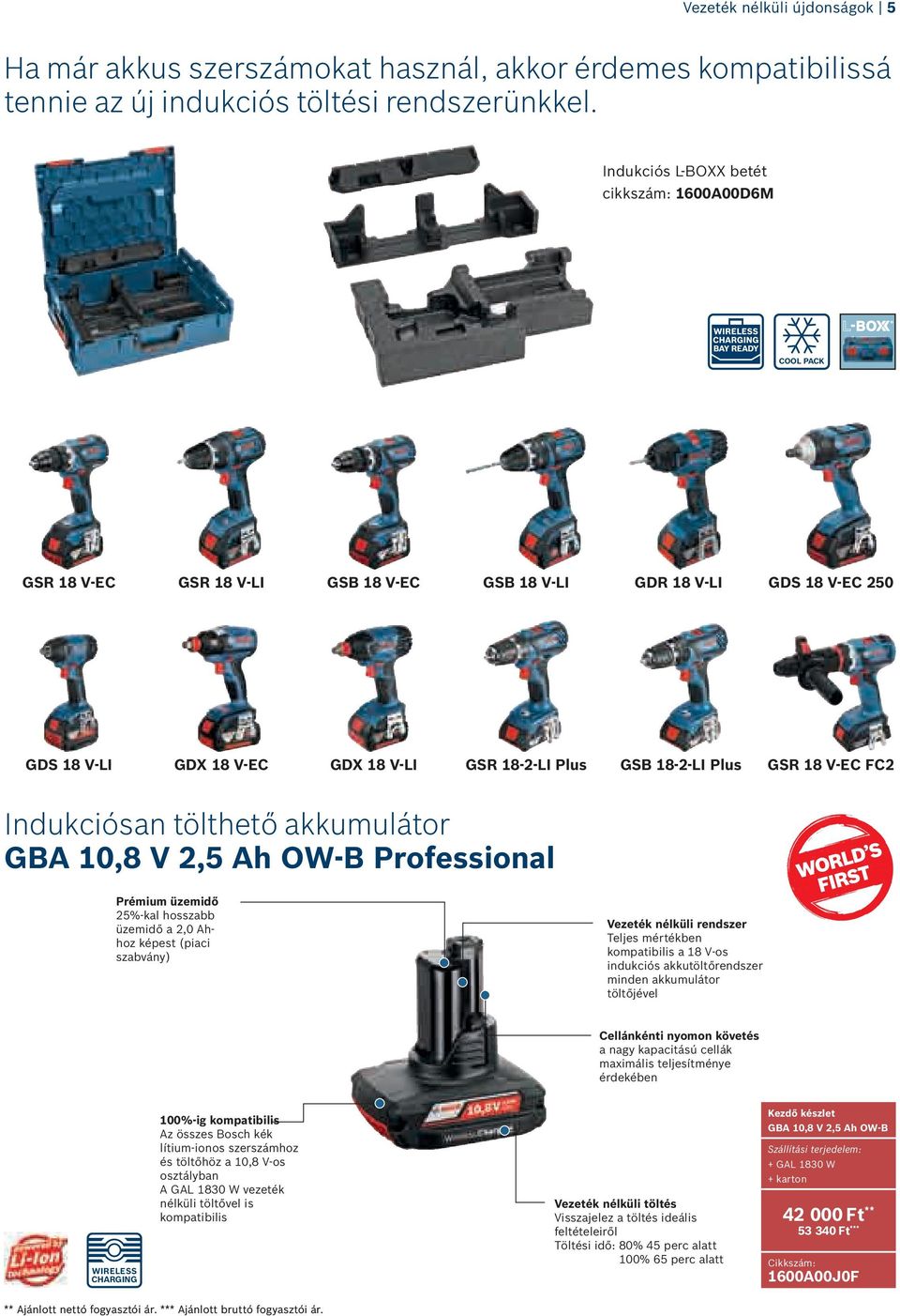 GSR 18 V-EC FC2 Indukciósan tölthető akkumulátor GBA 10,8 V 2,5 Ah OW-B Professional Prémium üzemidő 25%-kal hosszabb üzemidő a 2,0 Ahhoz képest (piaci szabvány) Vezeték nélküli rendszer Teljes