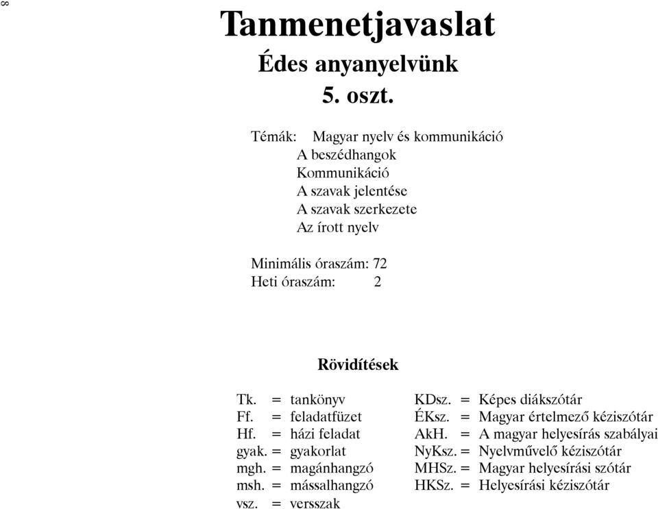 óraszám: 72 Heti óraszám: 2 Rövidítések Tk. = tankönyv = Képes diákszótár Ff. = feladatfüzet ÉKsz. = Magyar értelmezô kéziszótár Hf.