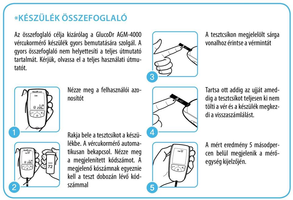 A tesztcsíkon megjelelölt sárga vonalhoz érintse a vérmintát Nézze meg a felhasználói azonosítót Rakja bele a tesztcsíkot a készülékbe. A vércukormérő automatikusan bekapcsol.