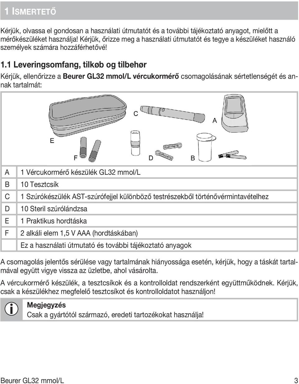 1 Leveringsomfang, tilkøb og tilbehør Kérjük, ellenőrizze a Beurer GL32 mmol/l vércukormérő csomagolásának sértetlenségét és annak tartalmát: A B C D E F 1 Vércukormérő készülék GL32 mmol/l 10