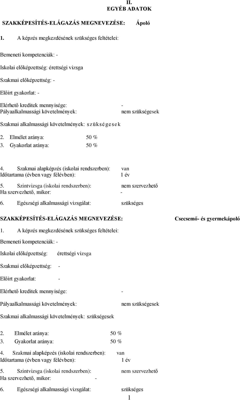 Pályaalkalmassági követelmények: nem szükségesek Szakmai alkalmassági követelmények: szükségesek 2. Elmélet aránya: 50 % 3. Gyakorlat aránya: 50 % 4.