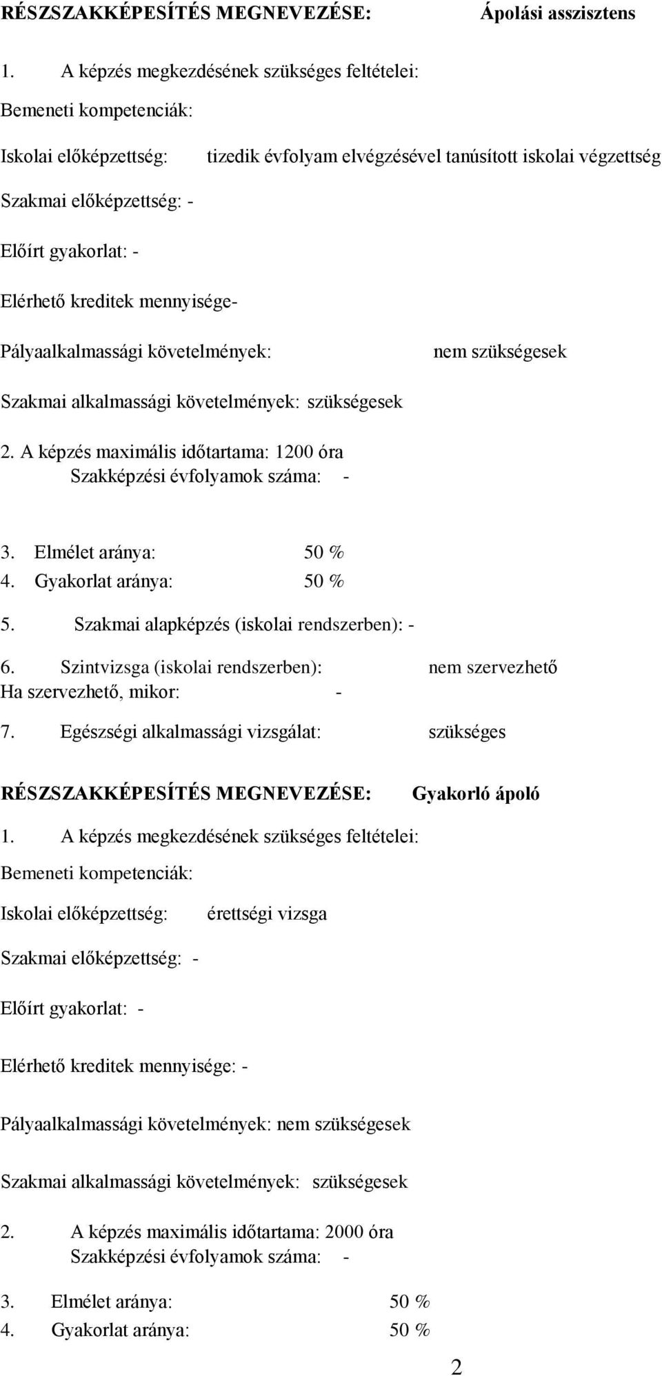 Elérhető kreditek mennyisége- Pályaalkalmassági követelmények: nem szükségesek Szakmai alkalmassági követelmények: szükségesek 2.